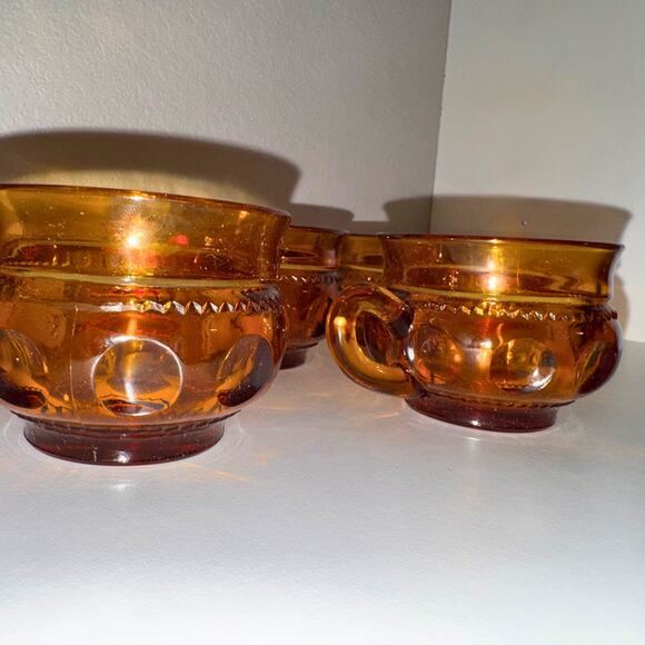 Vintage Amber Glass Thumbprint Cups | Set of 4 | Warm Fall Midcentury MCM - Picture 2 of 11